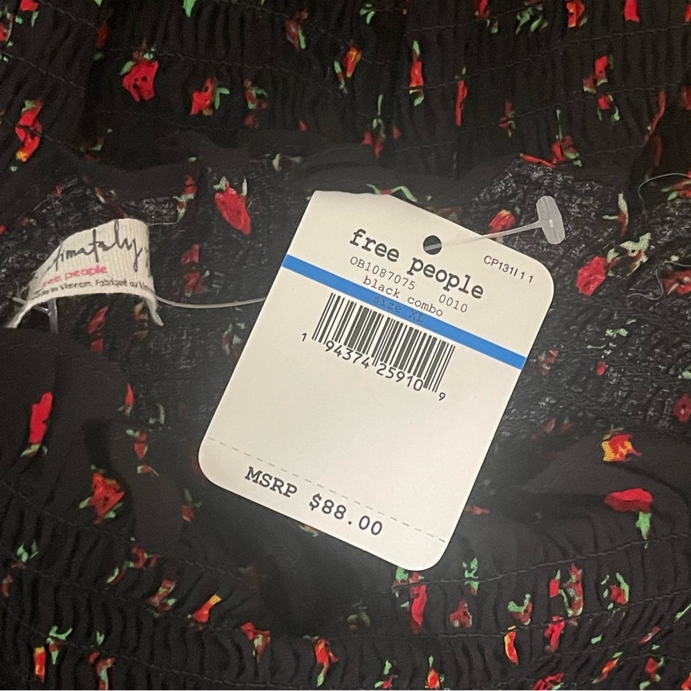 Free People Bella Black Floral Print Smocked Tie-Strap Bodycon Mini Dress NWT - Picture 6 of 9